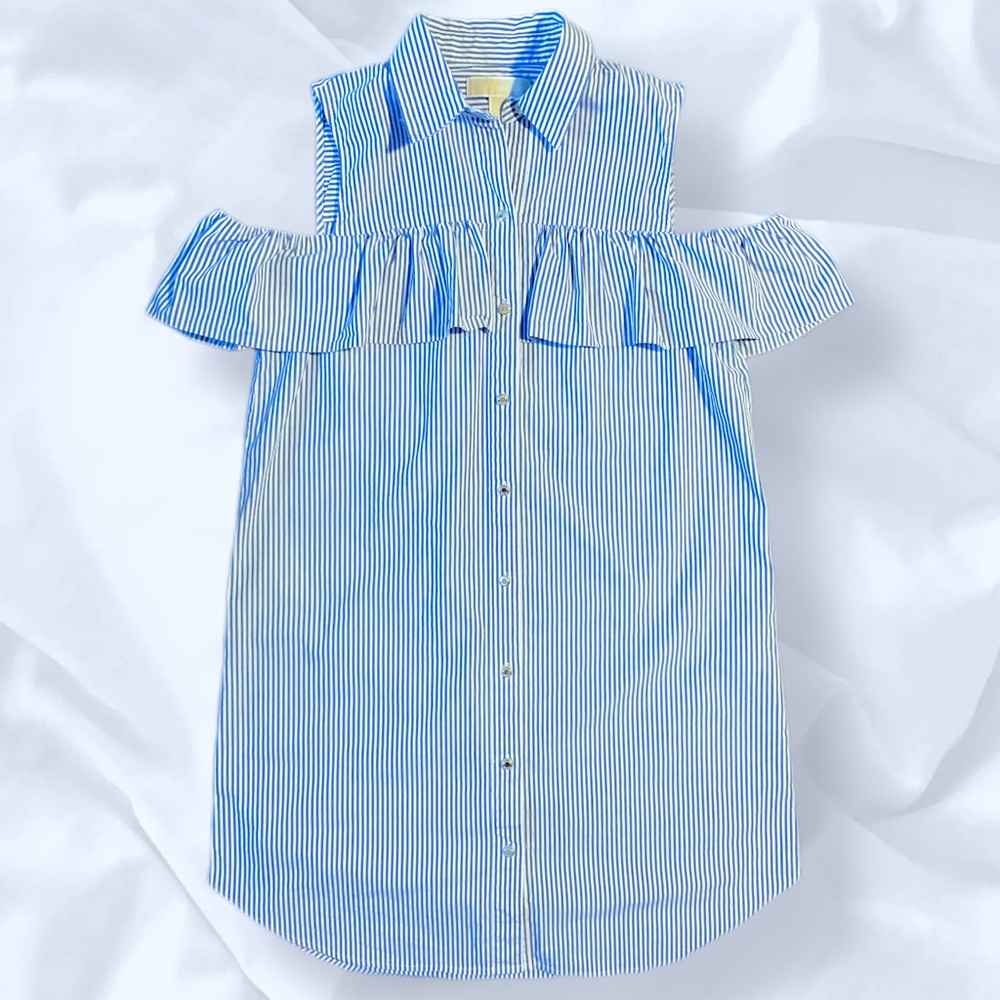 Michael Kors Blue and White Striped off Shoulder Gold Button Up Dress sz 12